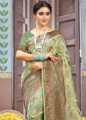 Green Cotton Saree With Blouse Piece - Indian Silk House Agencies