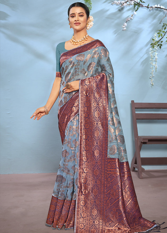 Sky Blue Cotton Saree With Blouse Piece - Indian Silk House Agencies