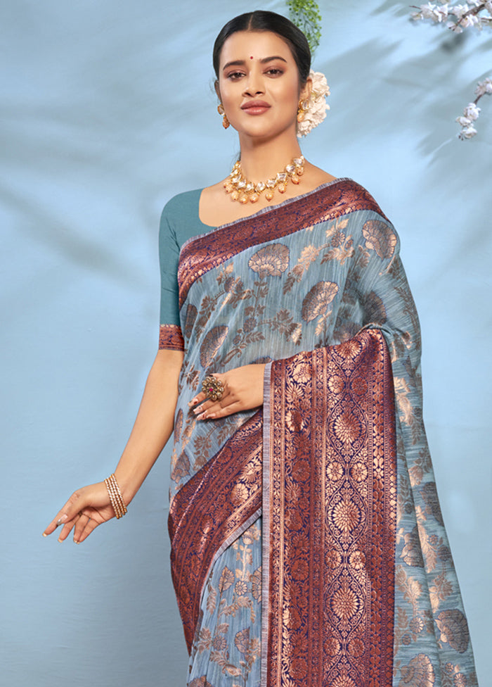 Sky Blue Cotton Saree With Blouse Piece - Indian Silk House Agencies