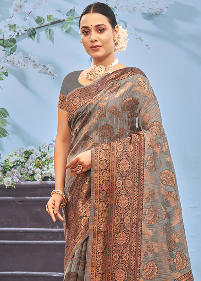 Grey Cotton Saree With Blouse Piece - Indian Silk House Agencies