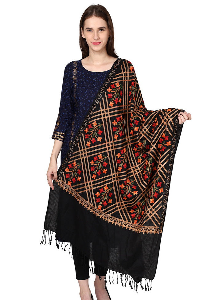 Black Acro Wool Kashmiri Aari Shawl - Indian Silk House Agencies