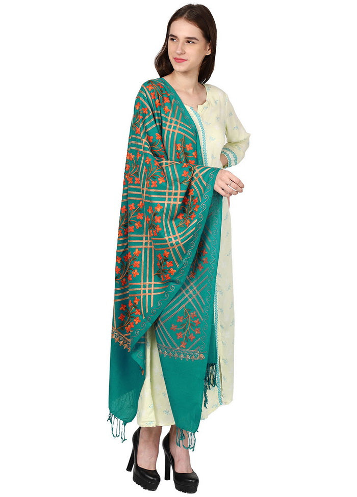 Sea Green Acro Wool Kashmiri Aari Shawl - Indian Silk House Agencies