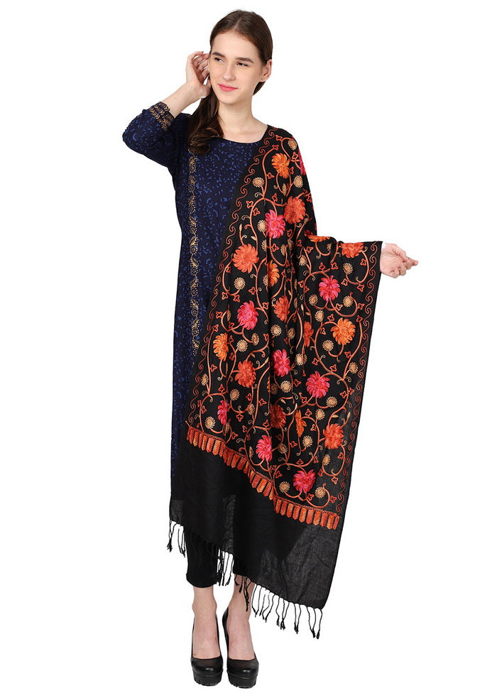 Black Acro Wool Kashmiri Aari Shawl - Indian Silk House Agencies