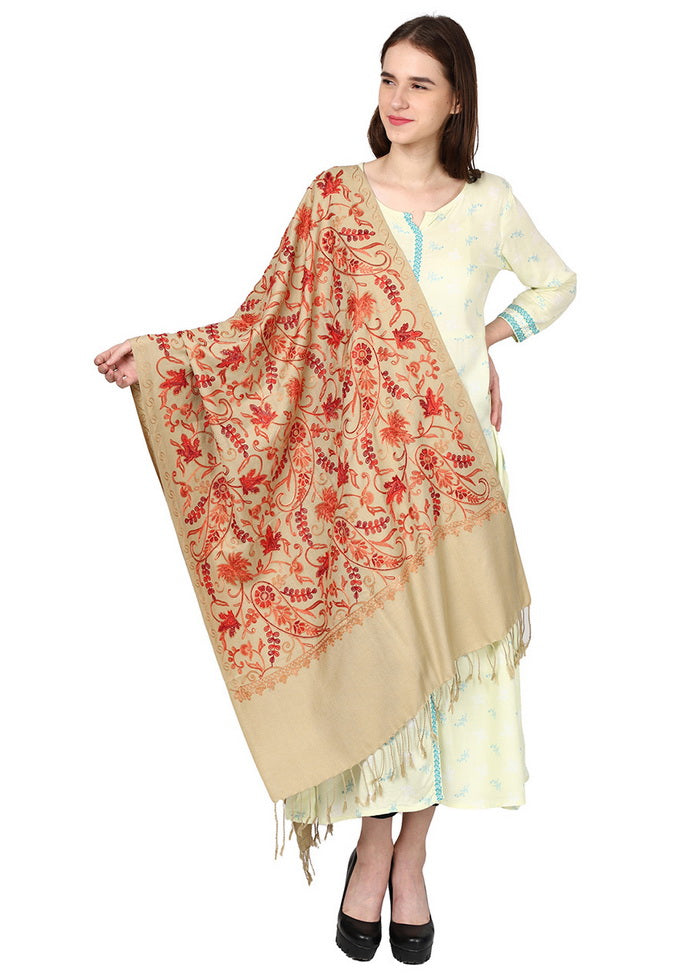 Beige Acro Wool Kashmiri Aari Shawl - Indian Silk House Agencies