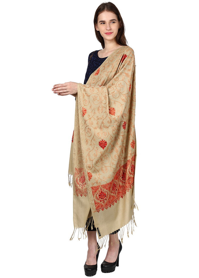Beige Acro Wool Kashmiri Aari Shawl - Indian Silk House Agencies