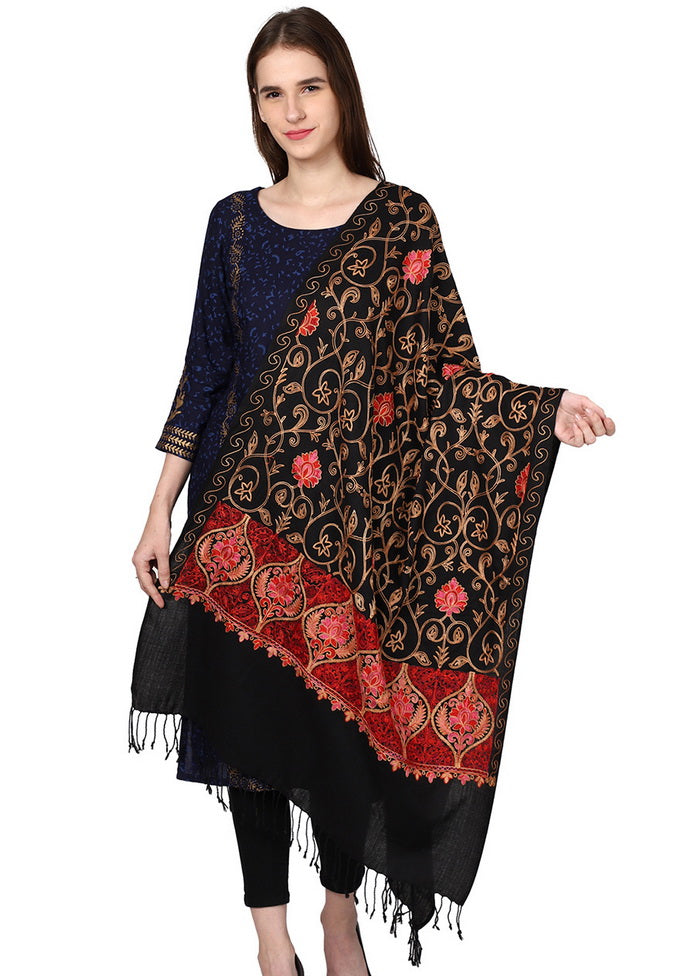 Black Acro Wool Kashmiri Aari Shawl - Indian Silk House Agencies