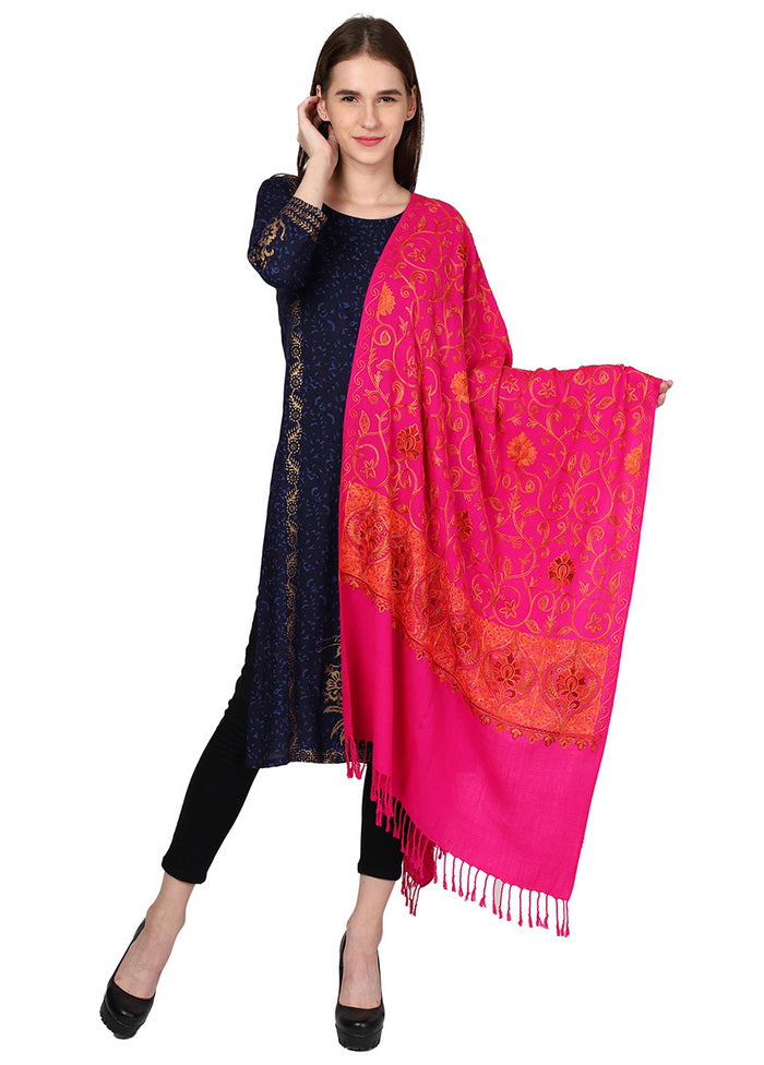 Pink Acro Wool Kashmiri Aari Shawl - Indian Silk House Agencies