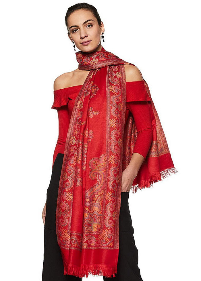 Red Poly Wool Woven Shawl - Indian Silk House Agencies