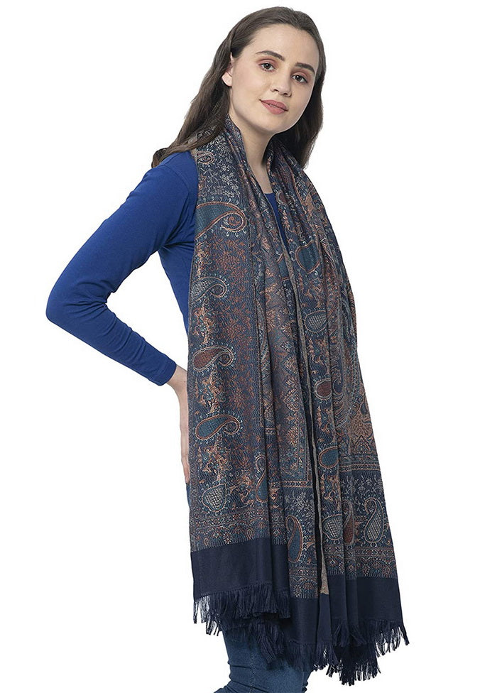 Navy Blue Poly Wool Woven Shawl - Indian Silk House Agencies