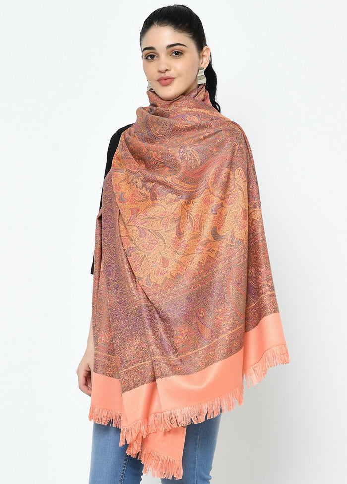 Peach Poly Wool Woven Shawl - Indian Silk House Agencies