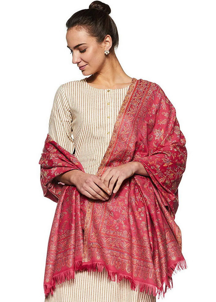 Pink Poly Wool Kalam Kari Shawl - Indian Silk House Agencies