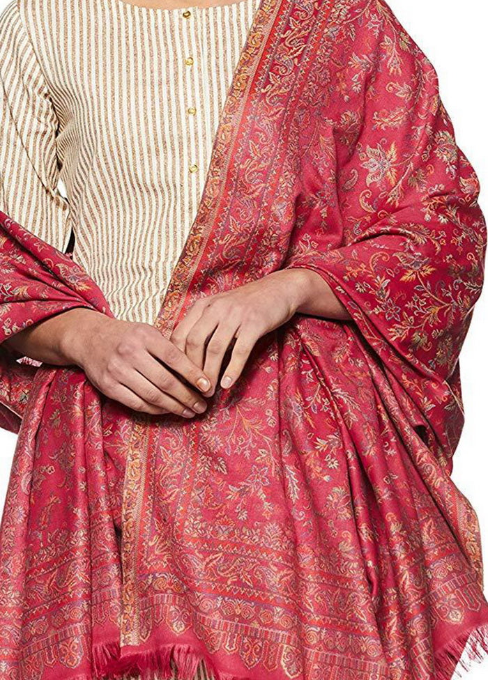 Pink Poly Wool Kalam Kari Shawl - Indian Silk House Agencies