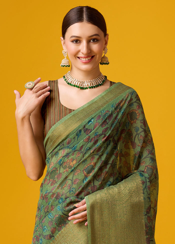 Green Cotton Saree With Blouse Piece - Indian Silk House Agencies