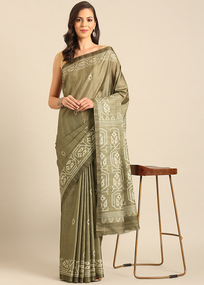 Olive Green Cotton Saree With Blouse Piece