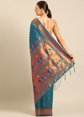 Turquoise Banarasi Silk Saree With Blouse Piece