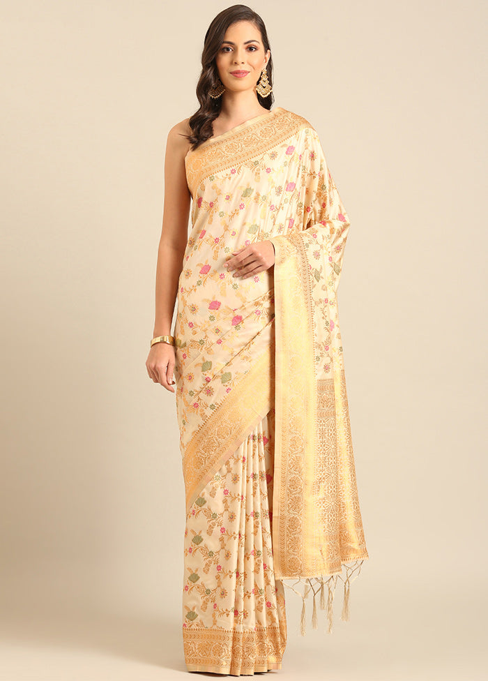 Cream Banarasi Silk Saree With Blouse Piece