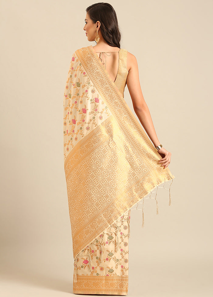 Cream Banarasi Silk Saree With Blouse Piece