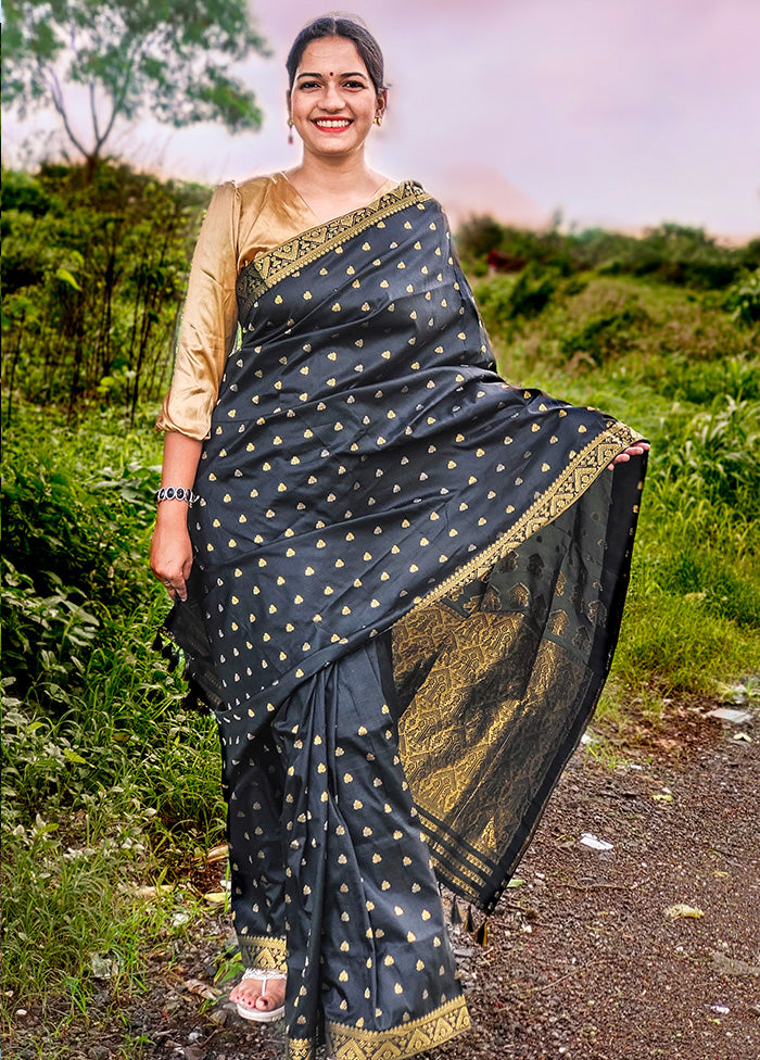 Black Spun Silk Saree With Blouse Piece - Indian Silk House Agencies