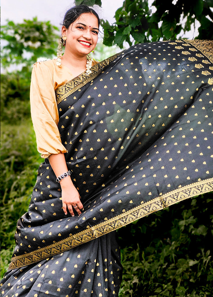 Black Spun Silk Saree With Blouse Piece - Indian Silk House Agencies