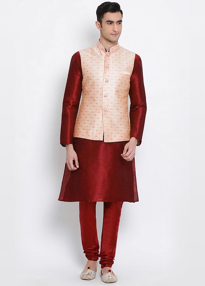 3 Pc Maroon Polka Dots Silk Kurta Pajama Set VDSAN040251 - Indian Silk House Agencies