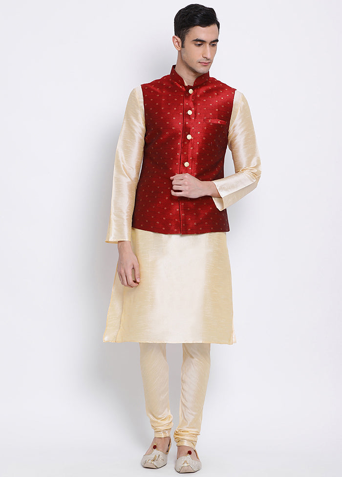 3 Pc Beige Polka Dots Silk Kurta Pajama Set VDSAN040255 - Indian Silk House Agencies