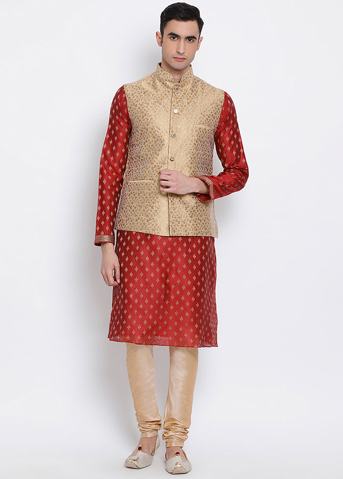 3 Pc Rust Embellished Silk Kurta Pajama Set VDSAN040257 - Indian Silk House Agencies