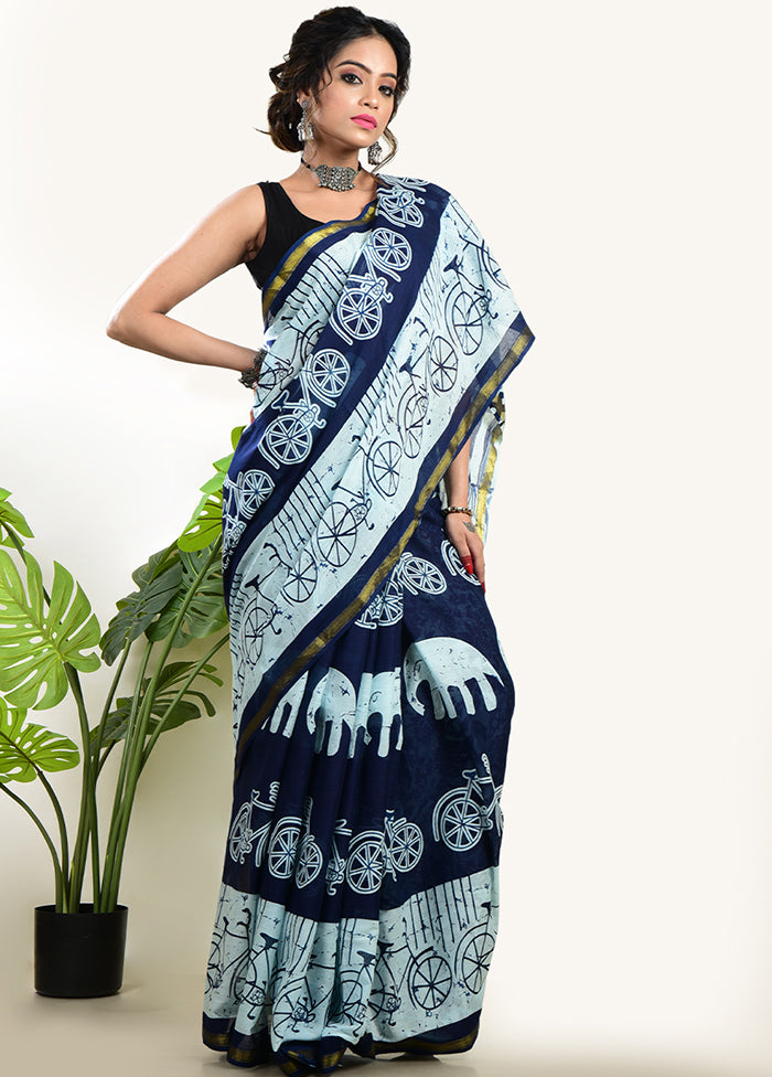 Indigo Blue Cotton Saree With Blouse Piece