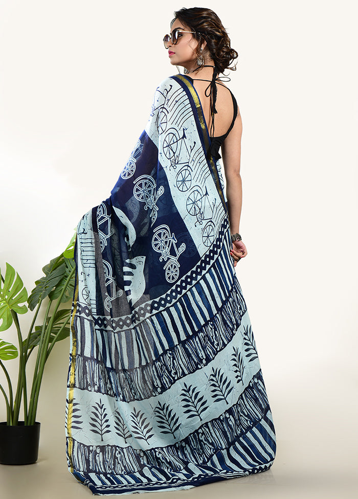 Indigo Blue Cotton Saree With Blouse Piece