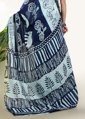 Indigo Blue Cotton Saree With Blouse Piece