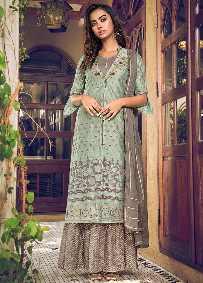 3 Pc Green Semi Stitched Chanderi Suit Set