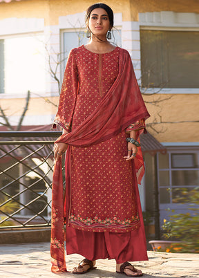 3 Pc Red Unstitched Silk Suit Set