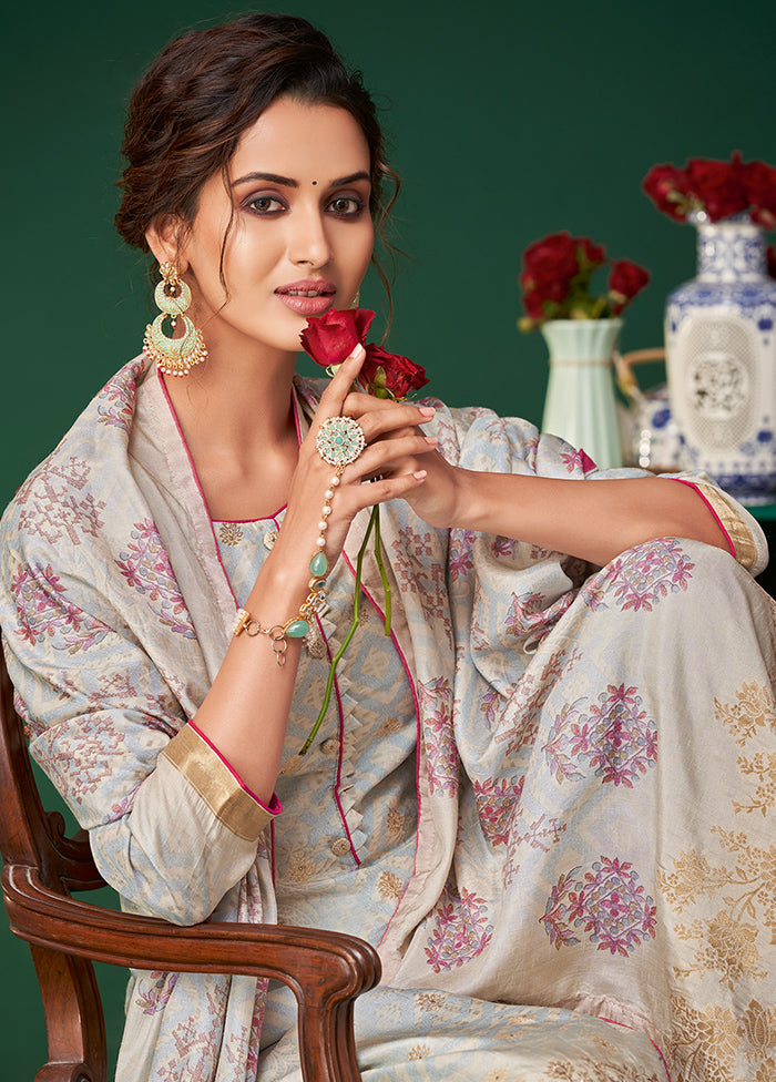 3 Pc Sky Blue Unstitched Silk Suit Set