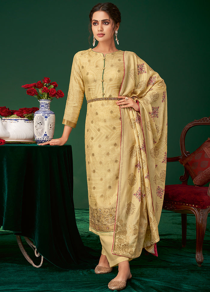 3 Pc Yellow Unstitched Silk Suit Set VDSL070247 - Indian Silk House Agencies