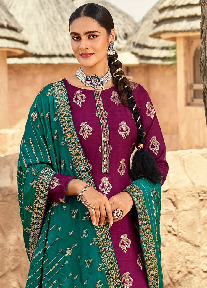 3 Pc Magenta Unstitched Polyster Silk Suit Set VDSL150226 - Indian Silk House Agencies