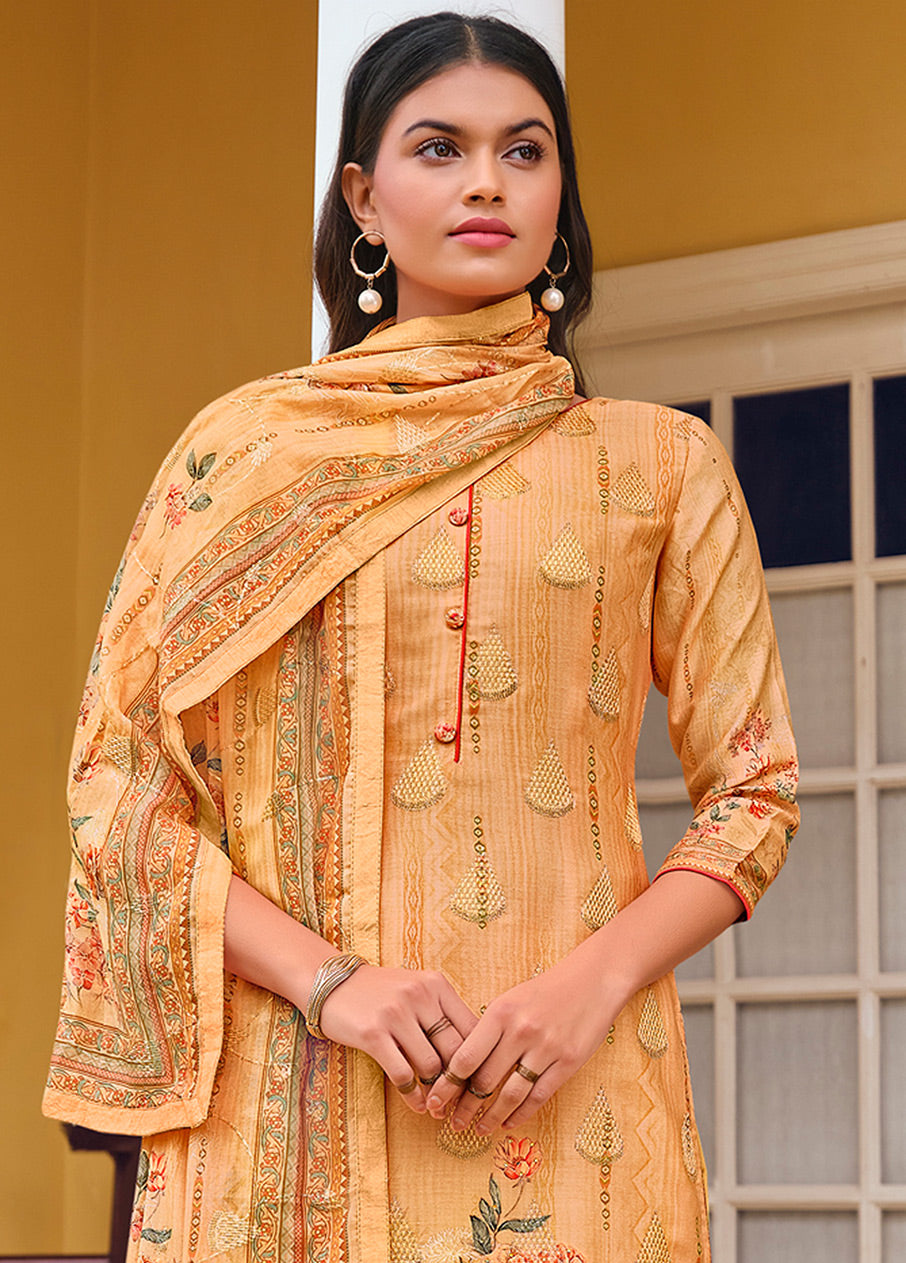 3 Pc Peach Unstitched Satin Suit Set VDSL170224 - Indian Silk House Agencies
