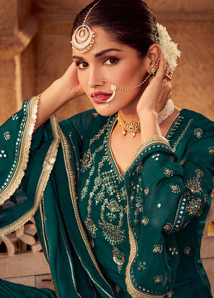 3 Pc Green Unstitched Chinon Chiffon Silk Suit Set VDSL220224 - Indian Silk House Agencies