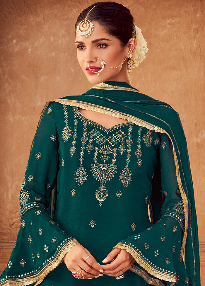 3 Pc Green Unstitched Chinon Chiffon Silk Suit Set VDSL220224 - Indian Silk House Agencies