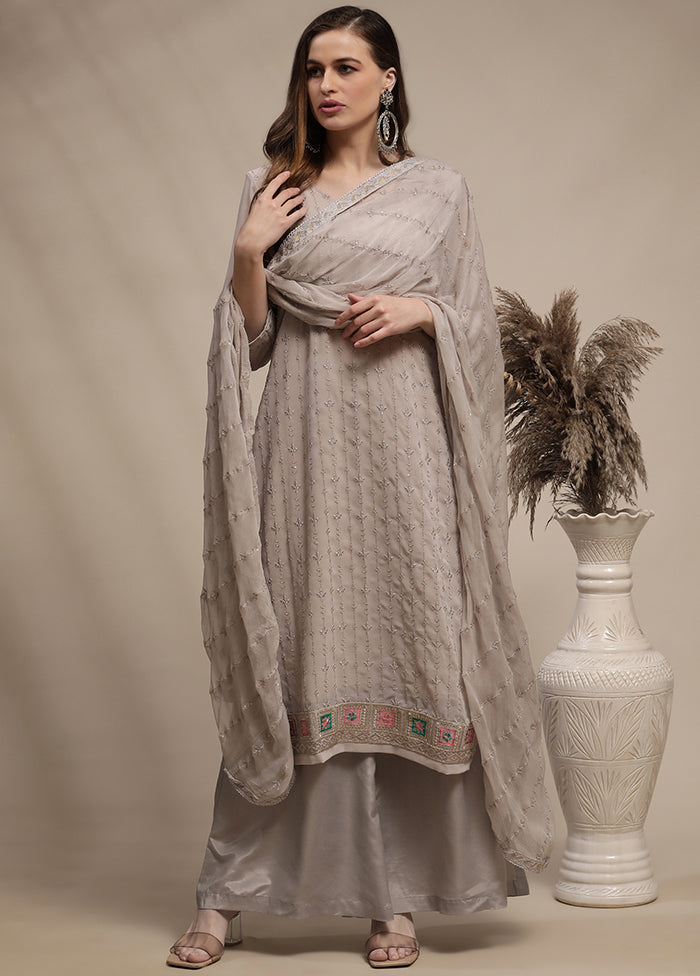 3 Pc Grey Unstitched Georgette Thread Work Suit Set VDSL030330 - Indian Silk House Agencies