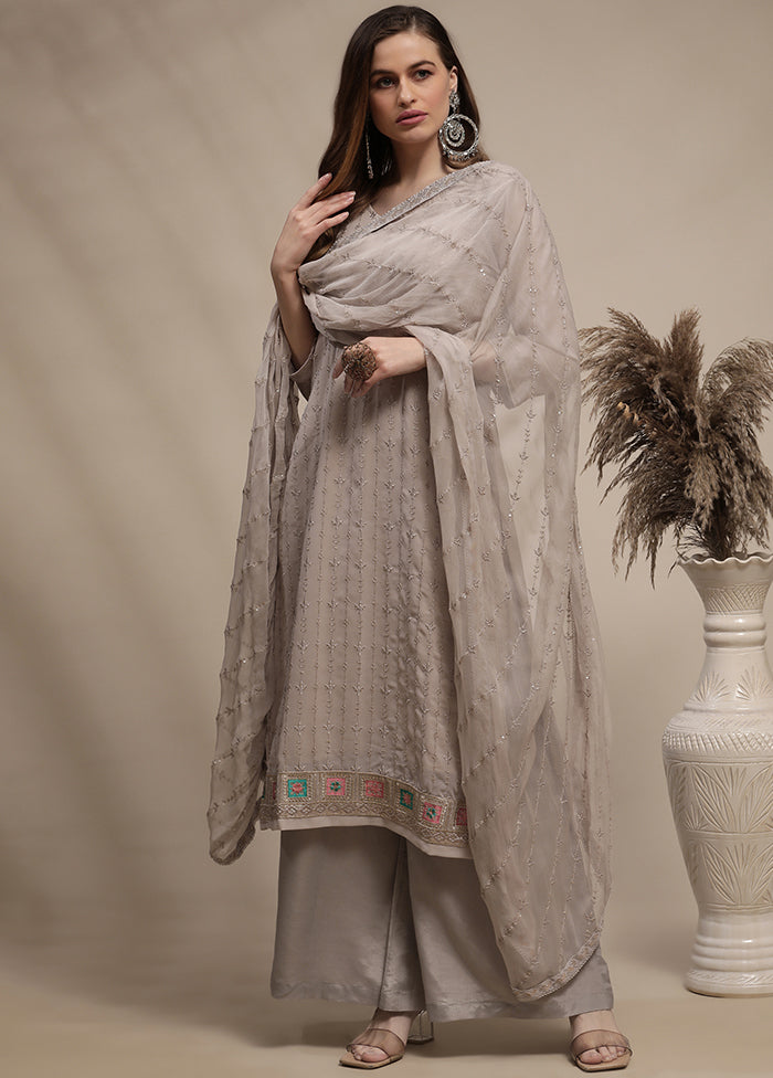 3 Pc Grey Unstitched Georgette Thread Work Suit Set VDSL030330 - Indian Silk House Agencies