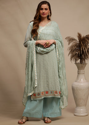 3 Pc Green Unstitched Georgette Thread Work Suit Set VDSL030332 - Indian Silk House Agencies