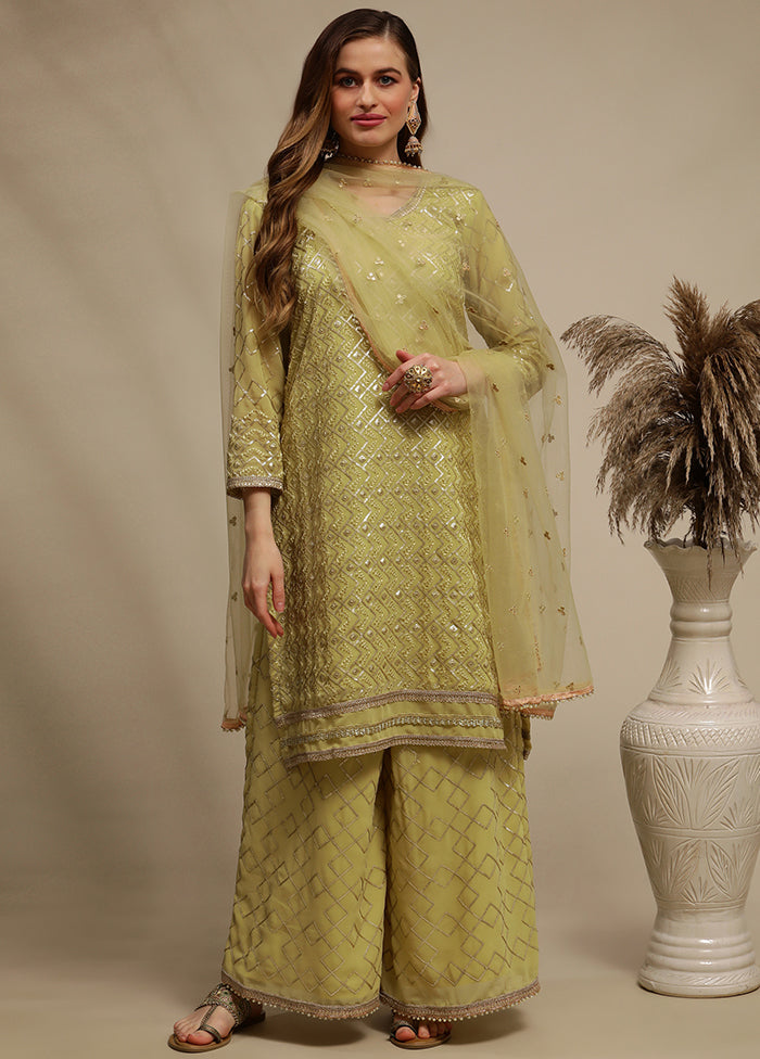 3 Pc Green Unstitched Georgette Thread Work Suit Set VDSL030335 - Indian Silk House Agencies