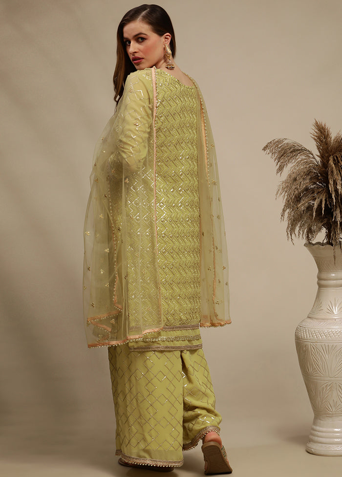 3 Pc Green Unstitched Georgette Thread Work Suit Set VDSL030335 - Indian Silk House Agencies