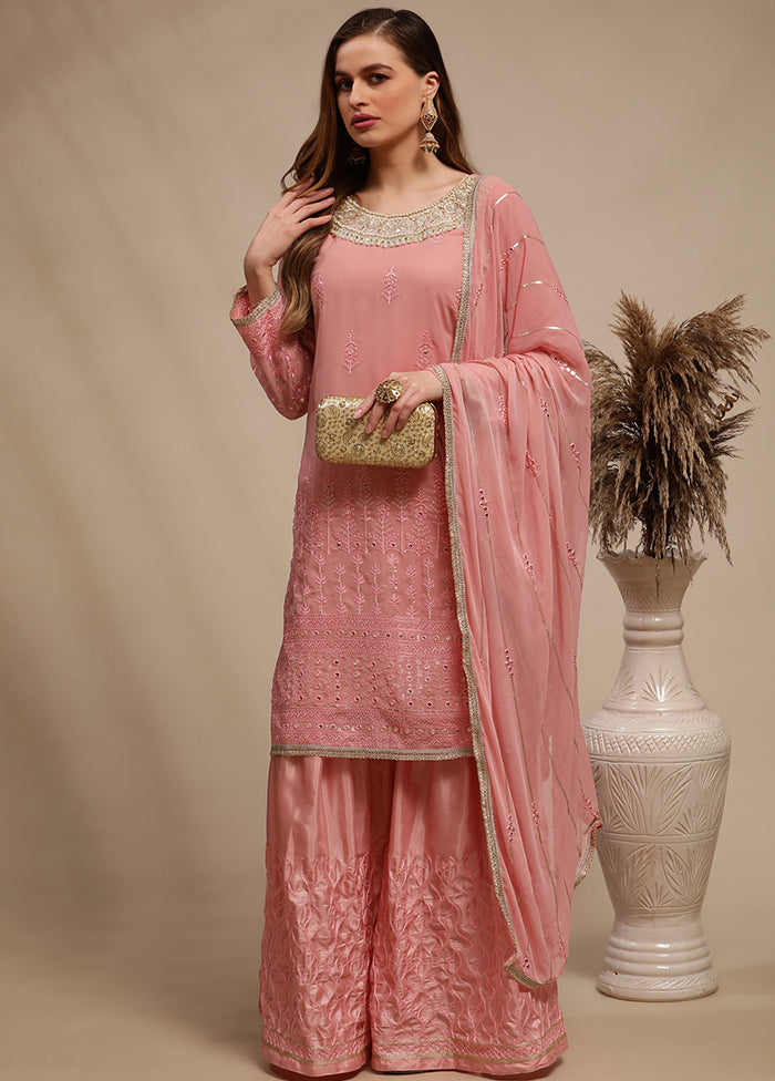 3 Pc Pink Unstitched Georgette Sequin Work Suit Set VDSL030340 - Indian Silk House Agencies