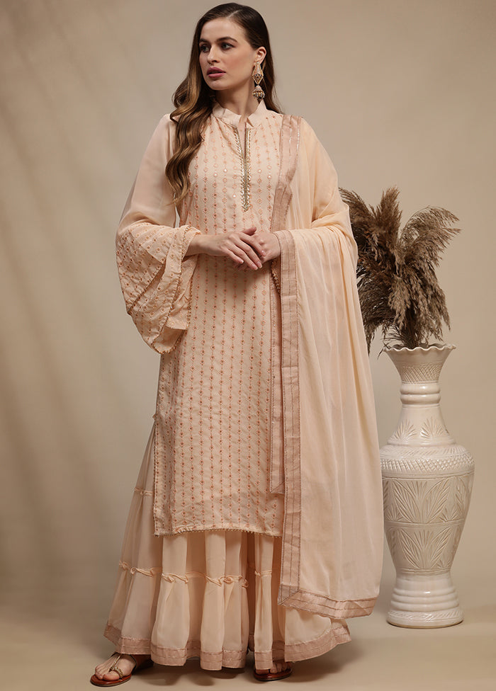 3 Pc Peach Unstitched Georgette Sequin Work Suit Set VDSL030342 - Indian Silk House Agencies