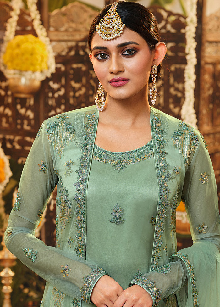 3 Pc Semistitched Green Suit Set With Dupatta VDSL0140622 - Indian Silk House Agencies