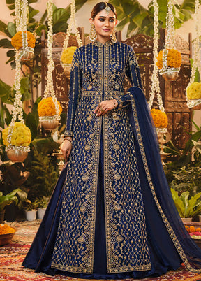 3 Pc Semistitched Navy Blue Suit Set With Dupatta VDSL0150622 - Indian Silk House Agencies