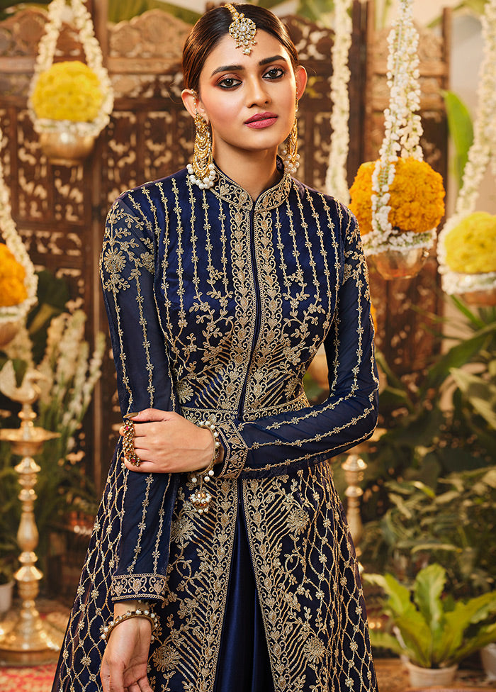 3 Pc Semistitched Navy Blue Suit Set With Dupatta VDSL0150622 - Indian Silk House Agencies