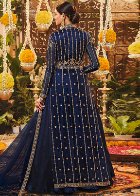 3 Pc Semistitched Navy Blue Suit Set With Dupatta VDSL0150622 - Indian Silk House Agencies