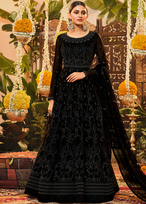 3 Pc Semistitched Black Suit Set With Dupatta VDSL0170622 - Indian Silk House Agencies