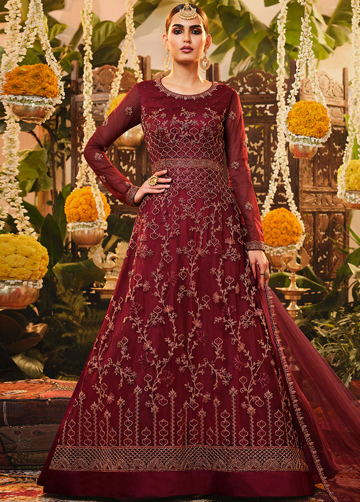 3 Pc Maroon Semi Stitched Net Suit Set